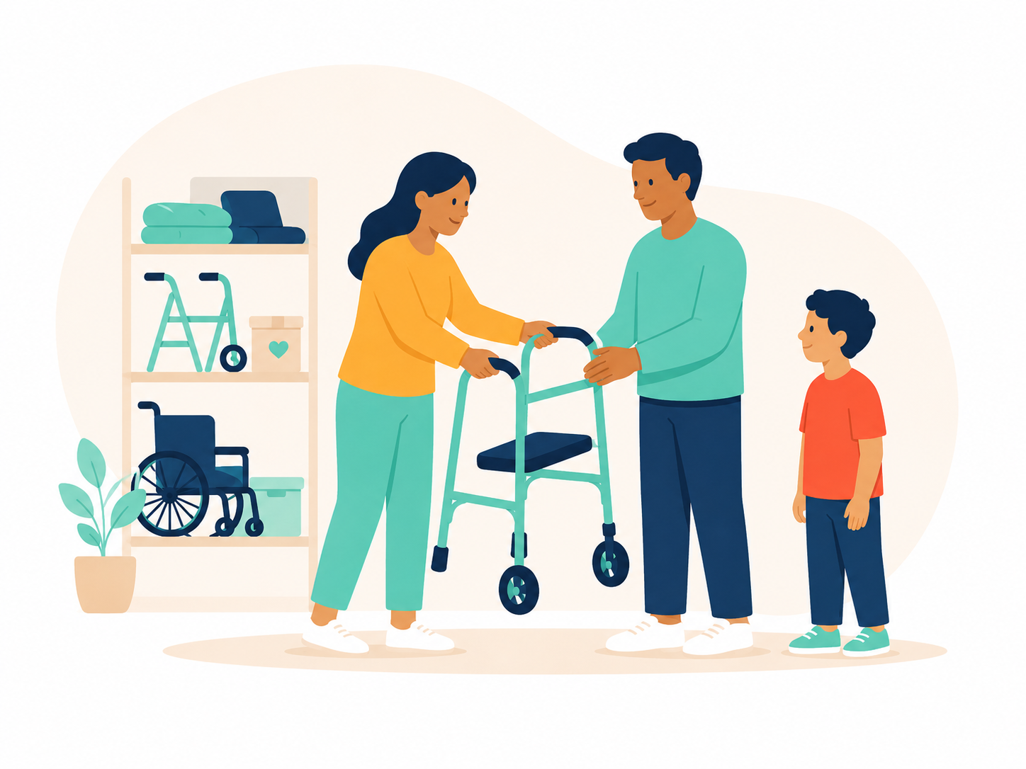 A reuse program team fitting a walker for a family